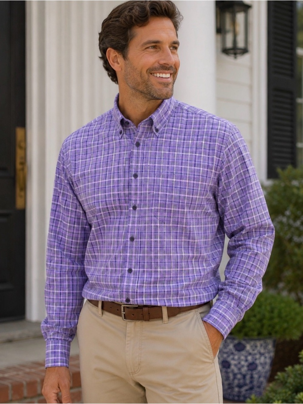 Alan Flusser Men's XL Purple Plaid Button Down Long Sleeve Cotton Preppy